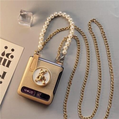 For Samsung Galaxy Z Flip 5G 4G 3 Super Luxury DIY Classic Bear Stand Bracket Cossbody Long Metal Chain Gold Leather Case Cover