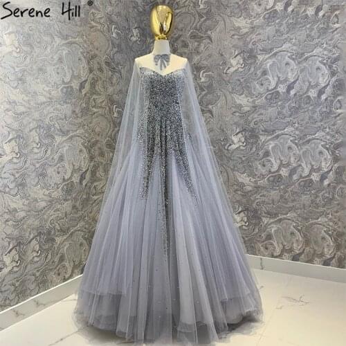 Serene Hill Silver Luxury A-Line Evening Dresses Gowns 2021 With Cape Beaded Sexy For Woman Party LA70644