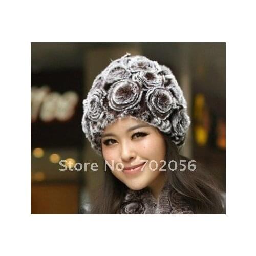 100% Real Genuine Rex Rabbit Fur Hat Cap Skull Rose design Fashion 5pcs/lot #2312