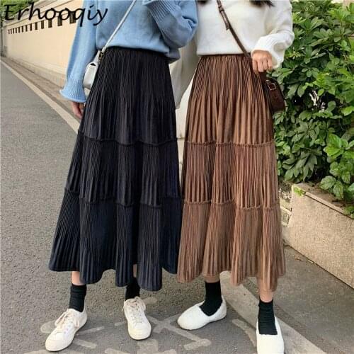 Female Vintage Velvet Pleated Skirt Women Korean Fashion Lady Solid Color All-Match High Waist Black Beige Maxi Skirt Femme