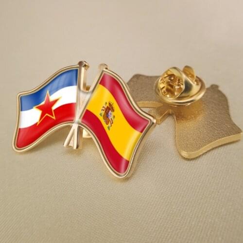 Yugoslavia and Spain Crossed Double Friendship Flags Lapel Pins Brooch Badges