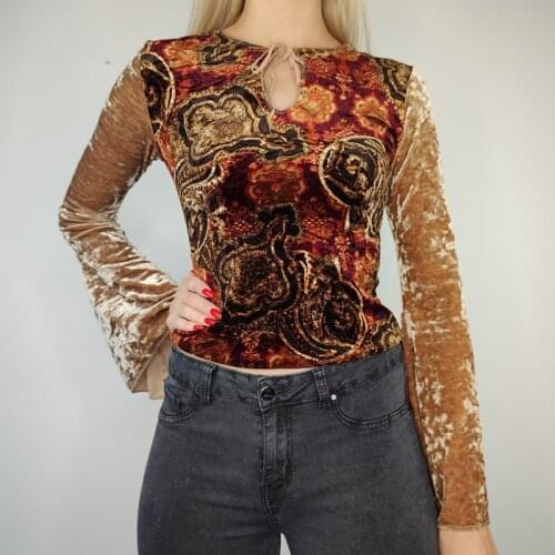 90s Women Autumn Crop Top Y2K Vintage Velvet T-shirt Long Flare Sleeve O Neck Cut Out Pullovers Tees Clothes Harajuku Streetwear