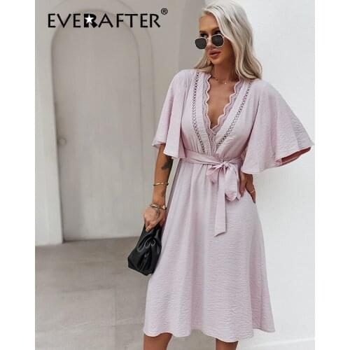 EVERAFTER Sexy Deep V Solid Women Summer Dress Short Sleeve Splicing Lace High Waist Casual Bandage Bow Female A-line Long Dress