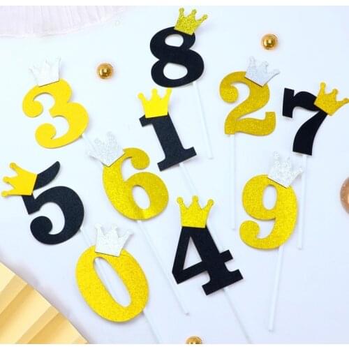 10pcs Cake Decorations 0-9number Giltter Crown Papercard Happy Birthday Cake Toppers for Baby Shower Anniversary Wedding Baking