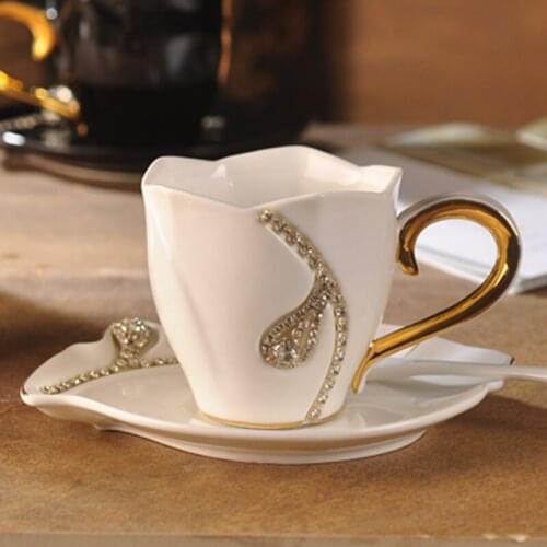 2020 newest crystals necklace European Style Milk Cup Coffee Cups with saucer spoon Tea Cup 200ml For Lovers Gift