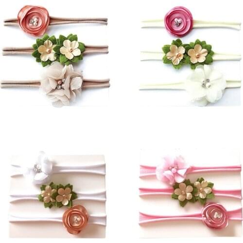 3pcs/set Simulated-pearl Ribbon Lace Flower Headband Baby Girl Headbands Elastic Hairband Decorative Headdress
