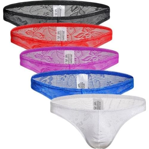 5PCS Mens Sexy Underwear Lace Briefs Bikini Low Waist Floral Briefs Lace Thin Belt Pants Pouch Short Brief Jockstrap Underpants