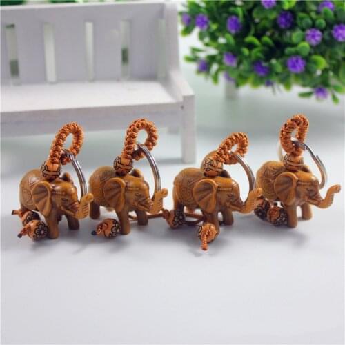 5Pcs Handmade Wooden Carving Lucky Elephant Keychain Key Chain Ring Evil Defends Elephant Pendant Women Girl Craft Gifts
