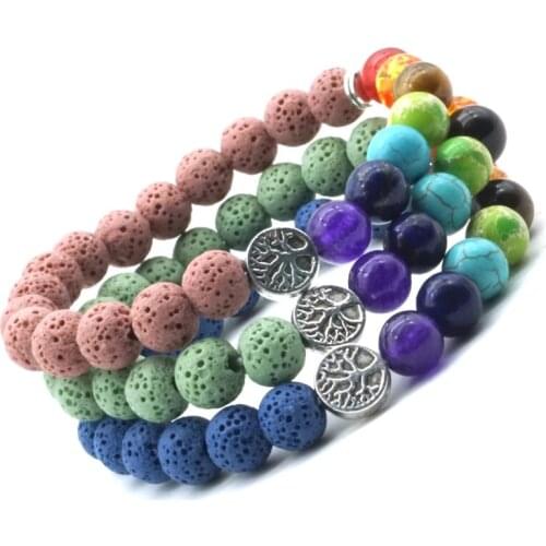 8mm Seven Chakras Tree of Life Charms Colourful Lava Stone Beads DIY Aromatherapy Essential Oil Diffuser Bracelet Yoga Jewelry