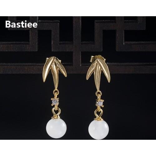 Bastiee Bamboo Gold Plated Jade Beads Drop Earrings 925 Sterling Silver Jewelry For Women Earings