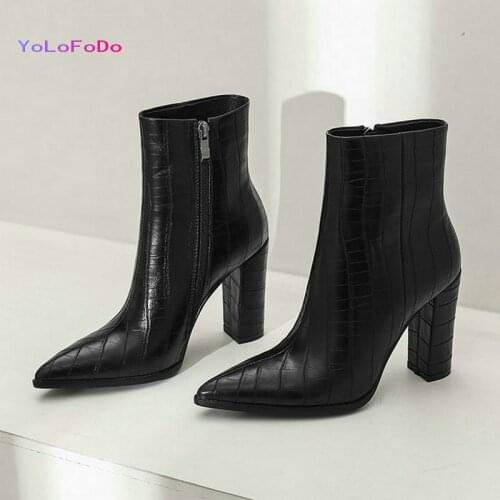 2021 Autumn Winter Women Ankle Boots High Quality Women Square High Heel Short Boots Side Zipper Pointed Toe Womans Shoes