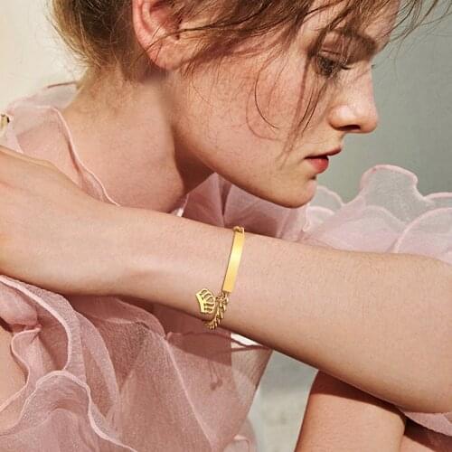 Curb Chian Link Bracelets for Women Custom ID Tag Name Constellation Charm Crown Bracelet Personalized Wholesale Jewelry
