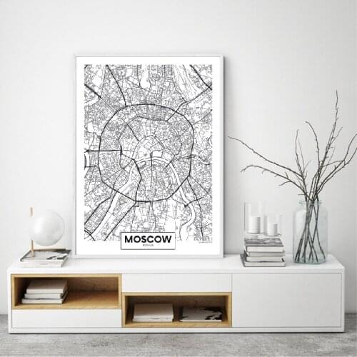 Moscow City Map Poster Canvas Art Prints Modern Minimalist Art Painting Black and White Picture for Living Room Wall Art Decor