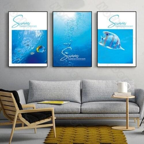 Nordic Style Canvas Painting Poster and Print Blue Seascape Letter Summer Sea Fish for Living Room Bedroom Gallery Wall Decorati