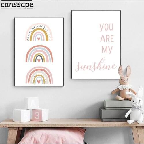 Pink Rainbow Canvas Print You Are My Sunshine Quotes Painting Nursery Wall Art Poster Nordic Wall Pictures Kids Baby Room Decor