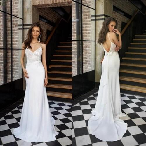 2020 Gorgeous Wedding Dresses Spaghetti Straps Aplliques Lace Satin Wedding Gowns Custom Made Backless Mermaid Bridal Dress