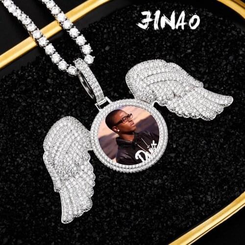 JINAO New Angel Wings Custom Photo Medallion Pendant and Necklace Iced out Cubic Zirconia pendant Hip Hop Jewelry gift