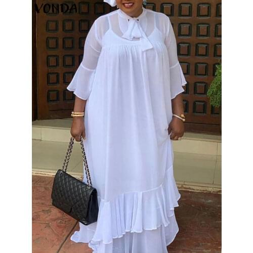 Summer Sleeveless Dress VONDA Women Bow Neck Flare Sleeve Pleated Ruffled Hem Long Maxi Dresses Bohemian Vestidos Party Robe