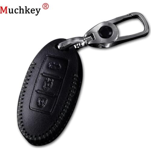 Muchkey Leather Remote Case Car Key Bag Cover For INFINITI 3 Buttons Folding Key Luxury Genuine Hand Sew Black Line