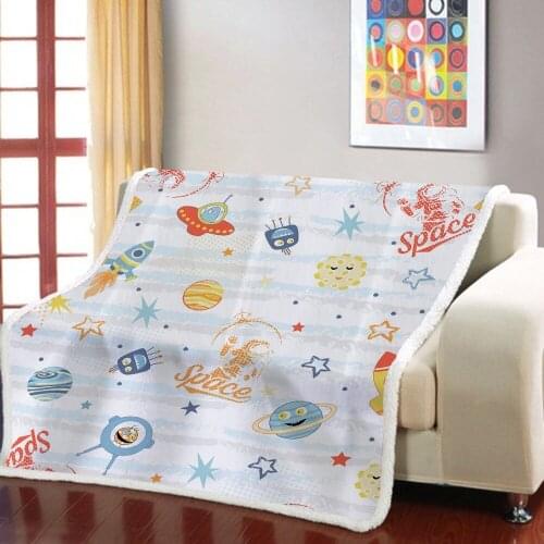 Cartoon Rocket Planet Blankets 3D Comfortable Warm Wool Blankets Home Decor Plus Pile Warm Blankets