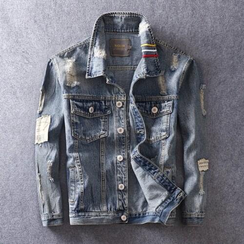 Fashion Streetwear Men Jacket Retro Blue Destroy Ripped Denim Jacket Men Coat Tiger Embroidery Stripe Hip Hop Jean Jacket Hombre
