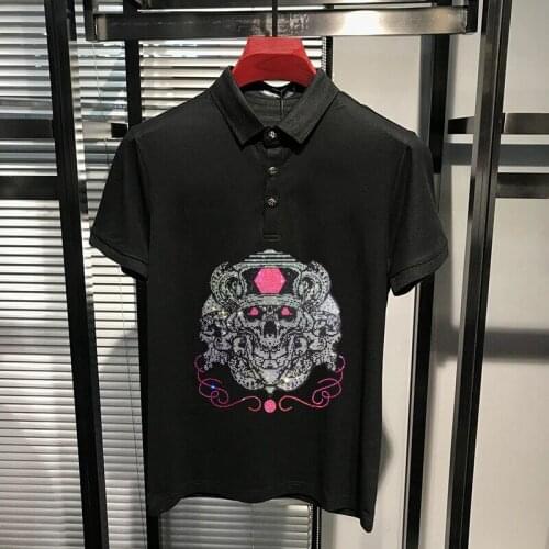 Mens Polo Shirt Rhinestone Skull High-Quality Tops Lapel Personality Short Sleeve Heavy Lndustries Korean Slim Male