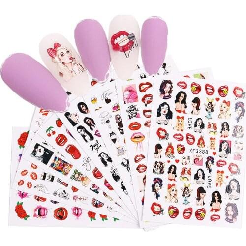 8Pcs Valentines Day Nail Art Stickers Romantic Red Lips Cherry Sexy Girls Nail Decals French Manicure Charms Nail Decorations