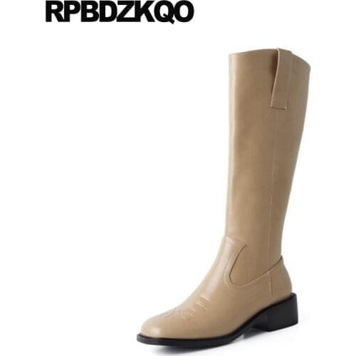 Slim Long Block Chunky Autumn Handmade Chinese Genuine Leather Square Toe Girls Knee High Side Zip Boots Women Tall Fall Shoes