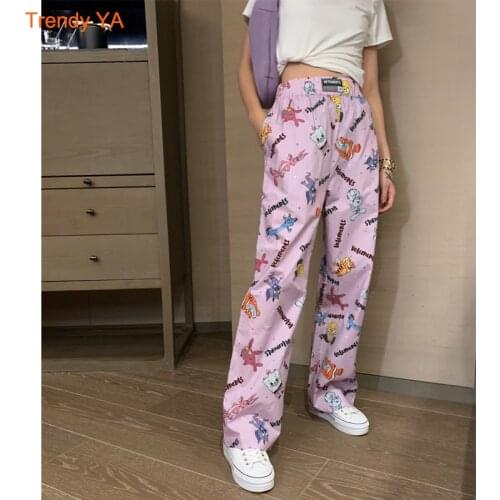 Original Trendy Ttrousers High Quality Streetwear VT M Straight Pants Fabric Trousers Cute Cartoon Full Colorful Pink Pants