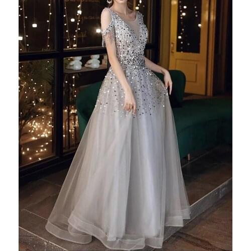 Silver Gray Prom Dresses Sequined Tulle 2021 Elegant O-Neck Sleeves Tassels A-Line Formal Banquet Evening Gowns With Beads New