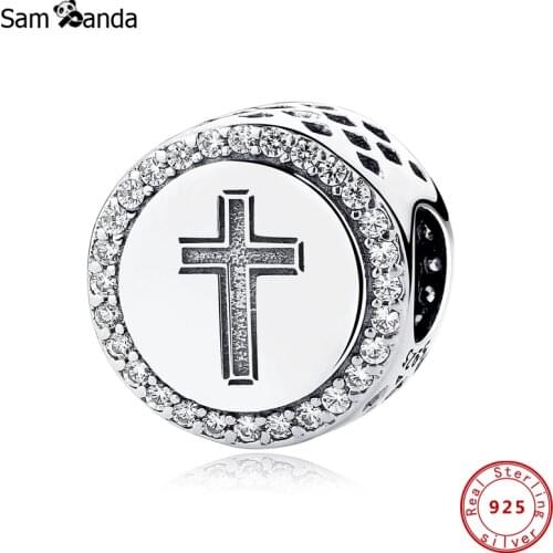Original 100% 925 Sterling Silver Bead Charm Faith Cross Jesus Charms Pave Clear CZ Fit Bracelets Women Diy Fine Jewelry