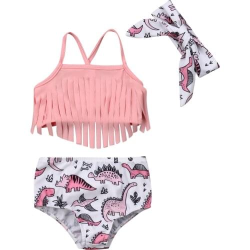 Pudcoco 3PCS Summer Swimwear Outfits Newborn Baby Girls Beachwear Swimsuit Outfits Set Strap Tassels Top Dinosaur Print Shorts