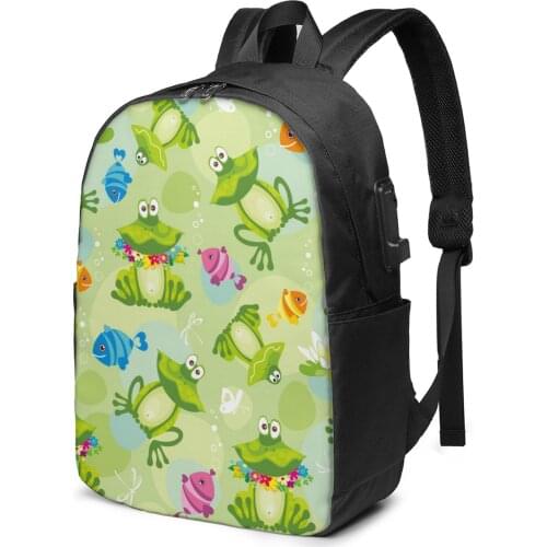 Cute Frogs And Fish Women Men Backpack USB Charge School Bag For Girl Boy Travel Laptop Bookbag Daypack