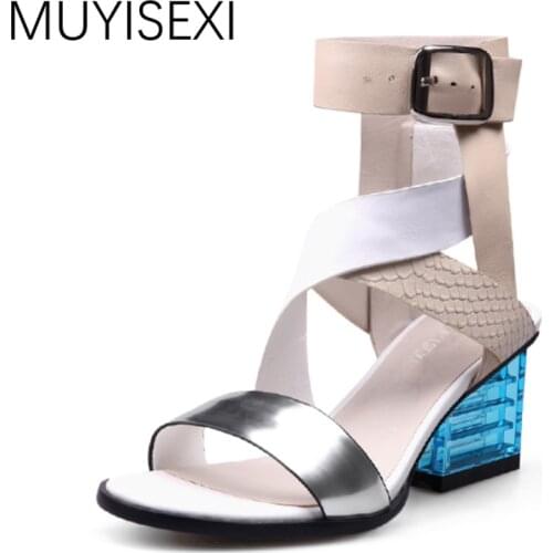 Gladiator Sandals Women Summer Mixed Color Cross Strap Blue Transparent Square Heel Genuine Leather Women Shoes HL31 MUYISEXI