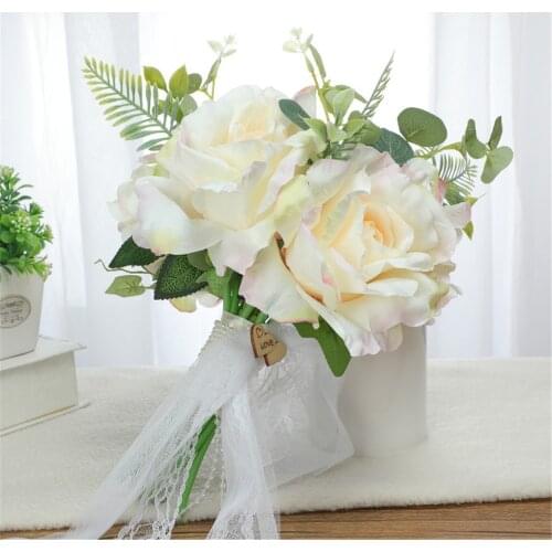 SESTHFAR Country Style Wedding bouquet de mariage Romantic Green Leaf Pink Roses Peony Vintage Aritificial Flowers bruiloft