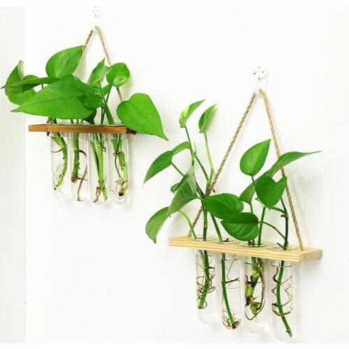 Modern Glass Test Tube Vase Wooden Frame Flower Pots Stand Home Office Desktop Garden Decor for Hydrophilic Plant