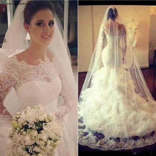 Gorgeous Saudi Arabia Wedding Dresses Romantic Mermaid Lace Long Sleeves Dream Princess Bridal Party Gowns