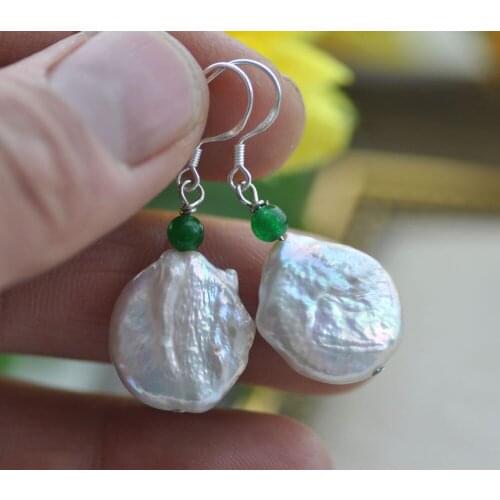 Z11057 15mm White Pearl Jade Bead Dangle Earring 925silver