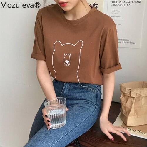 Mozuleva 2020 Chic Cartoon Bear Cotton Women T-shirt Summer Short Sleeve Female t shirt Spring White O-neck Top Tees femme