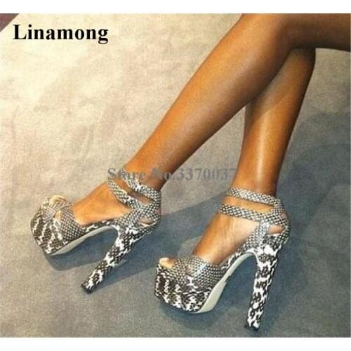 Women Sexy Open Toe Grey Snake Leather High Platform Chunky Sandals Ankle Strap Thick High Heel Sandals Dress Shoes