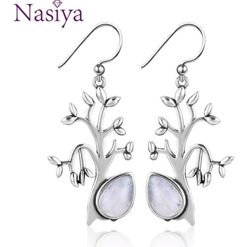 Sweet Tree Shape Natural Moonstone Drop Earrings For Women Solid 925 Silver Jewelry Party Wedding Daily Life Birthday Gift