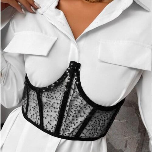 Womens Belt Sheer Underbust Corset Tops Strapless Back Boned Bustier Sequin Waist Cincher Cummerbunds Streetwear Waist Corsets