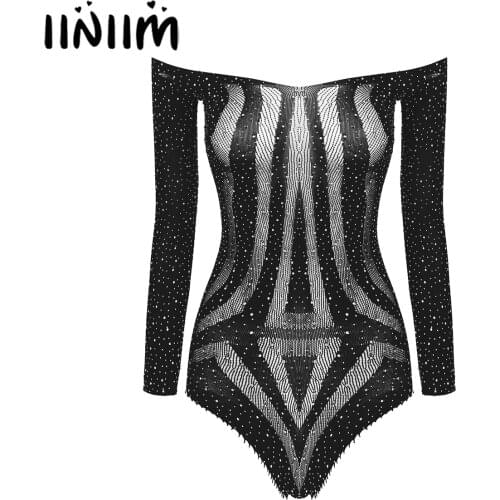 Iiniim Women Sissy Teddies Shiny Rhinestone See-through Mesh Bodysuit One-piece Off Shoulder Long Sleeve Skinny Porno Catsuit