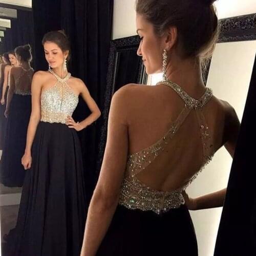 2021 graduation A-line Backless Formal Party Long Women Evening Gowns Black Halter Neck Beading Crystal Prom Dresses Sleeveless