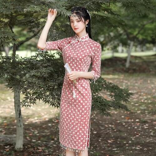Sheng Coco Women Lace Qipao Dresses New Knee Length Composite Lace Chinese Traditional Dress Red Qi Pao Half Sleeve