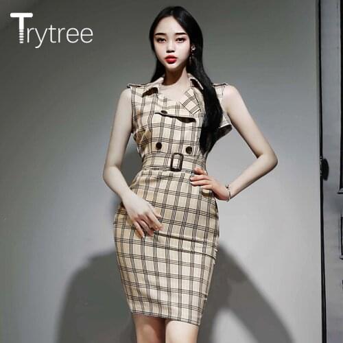 Trytree Summer Office Lady Shirt Dress Polyester Plaid Khaki Above Knee Women Dresses Turn-down Collar Belt Sheath Casual Dress
