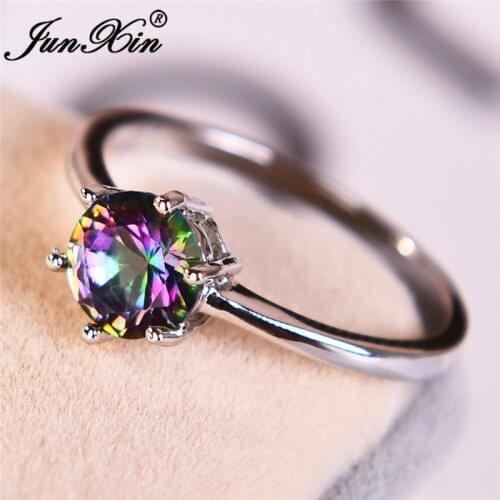 JUNXIN Mystic Fire Zircon Birthstone Round Stone Womens Ring Silver Color Six Claws Multicolor Engagement Ring