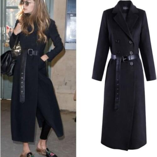 2020 winter Women Black Elegant Wool Woolen Coats double breasted Long Sleeve slim wool blends warm coat