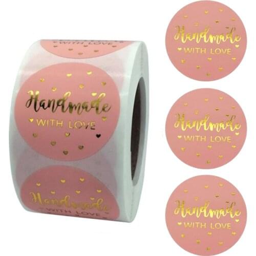 500pcs/Roll 1inch Pink Gold Foil “Handmade with Love” Lables Seal Stickers Paper For Wedding Party Gift Card Decoration Stickers