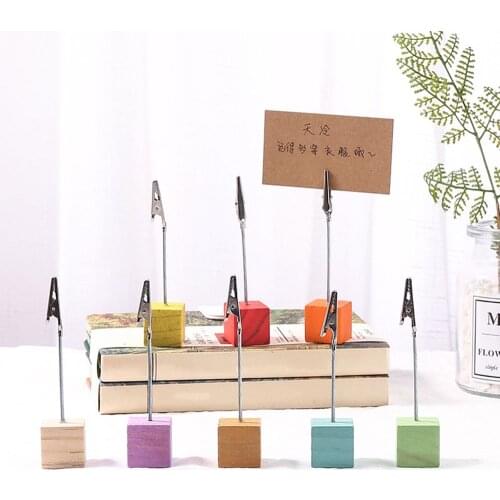 2pcs Colorful Wooden Cube Memo Clip Card Holder Iron Photo Holder Postcard Clip Desktop Ornaments Cute Office Desk Organizer